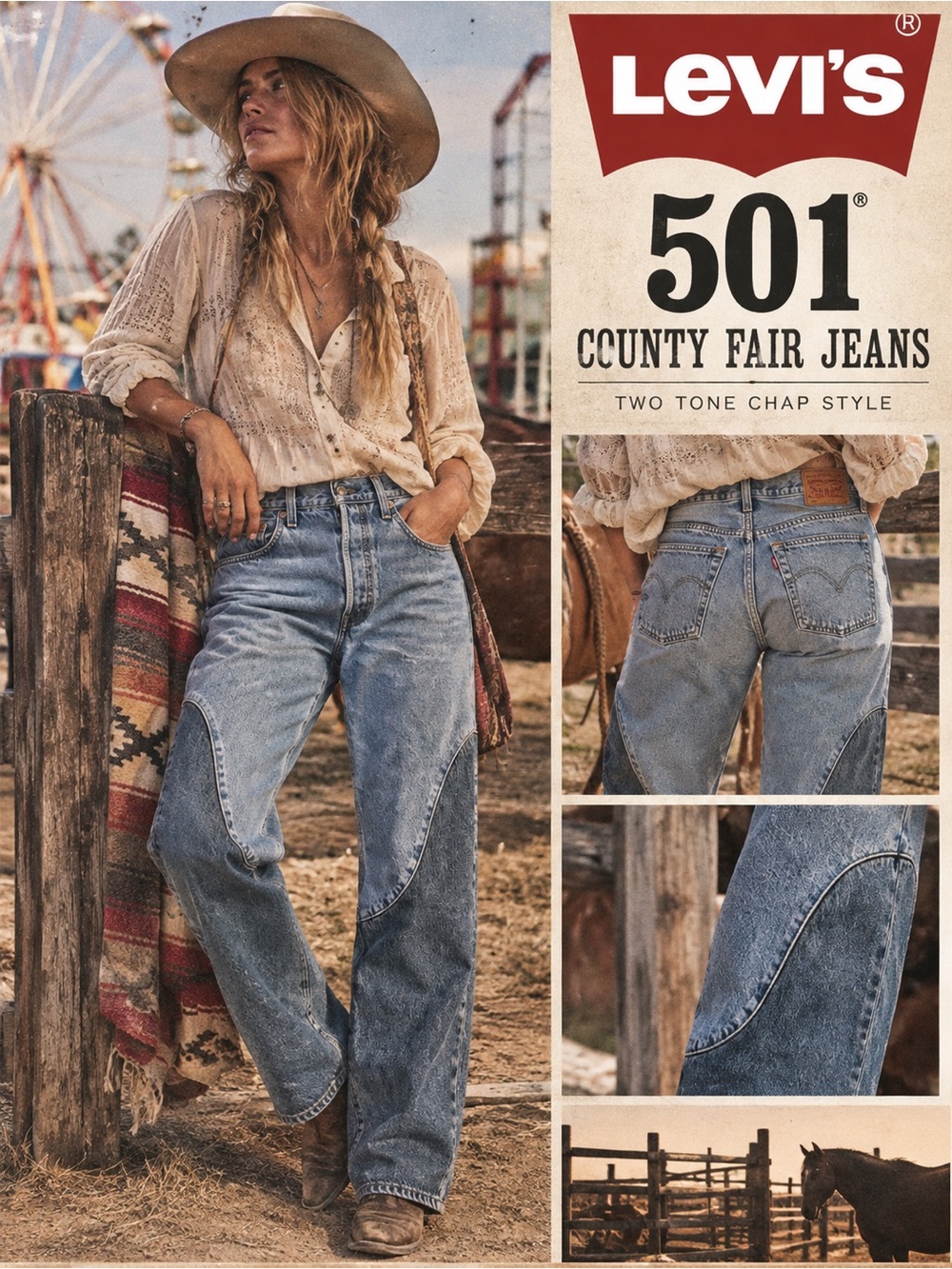 Levi's 501 County Fair Jeans Two Tone Chap Style Size 30x30 Western Riding Chaps
